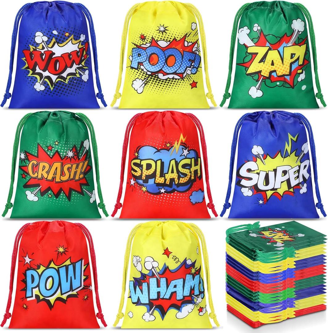 Kajaia 24 Pieces Hero Party Favors Bags 7.1 x 5.1 Inch Drawstring Reusable Comic Party Gift Goodie Candy Treat Bags for Kids Hero Birthday Shower Supply Classroom Reward Prize