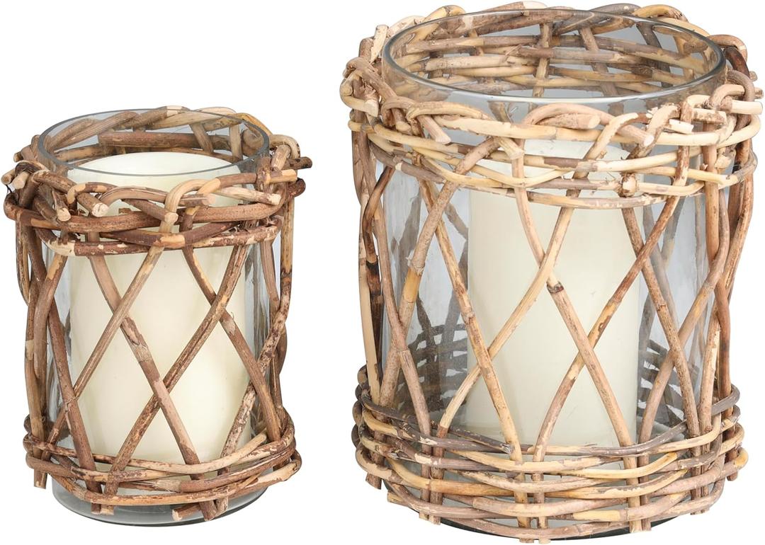 Deco 79 Glass Handmade Candle Holder with Brown Rattan Woven Exterior, Set of 2 10", 8" H, Clear