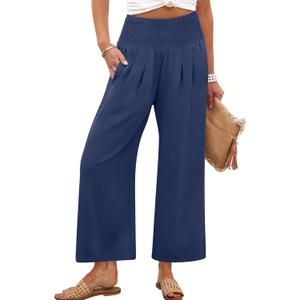 ANRABESS Womens Pants Wide Leg High Waisted Palazzo Pants Summer Flowy Beach Lounge Casual Trousers with Pockets (Small, Navy Blue)