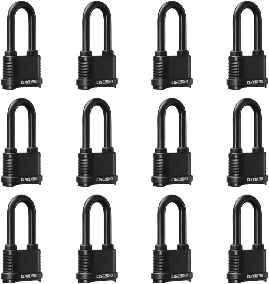CINCINNO Weatherproof 4 Digit Combination Lock, Heavy Duty Combo Lock with Long Shackle for Outdoor Shed, Garage, Gate, Fence, 12 Pack