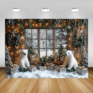 AIBIIN 7x5ft Winter Christmas Backdrop Window Snowy Xmas Pine Trees Forest View Photography Background Winter Christmas Cute Bear Gift Photo Backdrop