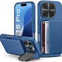BXYJY for iPhone 16 Pro Case with Card Holder (4-5 Cards), Camera Cover Stand, Military Grade Protection, Shockproof Heavy Duty Rugged Silicone Men Women Wallet Phone Case for iPhone 16 Pro, Blue
