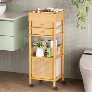 Amazer Bamboo Makeup Organizer Cart with 3 Drawers, Floor Skin Care Storage for Bathroom Bedroom, Rolling Vanity Organizer Cart for Cosmetic, Nail Polish, Perfume and Hair Tools (Natural Color)