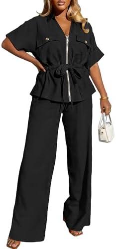 Neweek Women's 2 Piece Sets V Neck Short Sleeve Zipper Drawstring Waist Safari Shirts Wide Leg Pants Outfits With Pockets, Medium