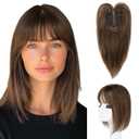 HOOJIH Real Human Hair Topper with Bangs for Women with Thinning Hair Large Base Handmade Invisiable Lace Topper Wig - Medium Brown