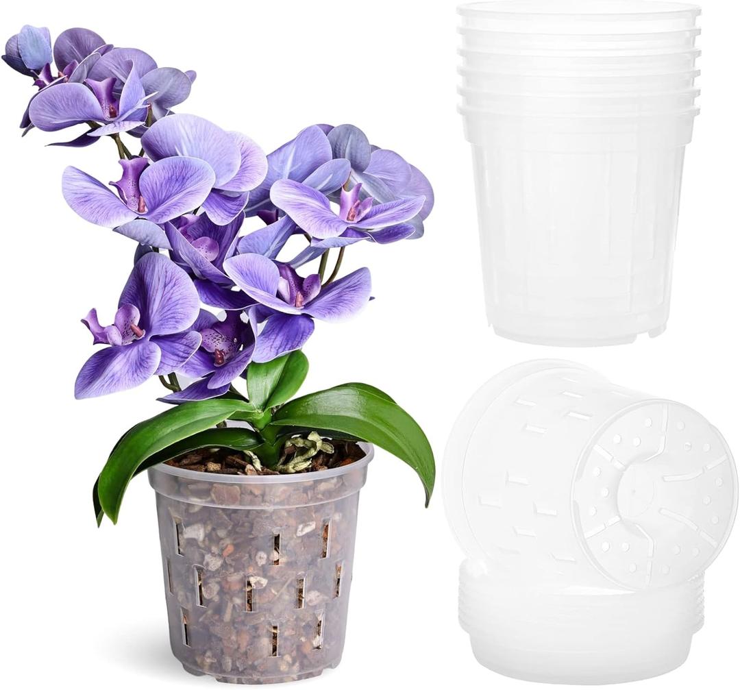 TRUEDAYS 6 Pack Orchid Pot with Saucers, 6 Inch Clear Orchid Pots with Holes, Plastic Planter with Trays, Breathable Slotted Orchids Planters for Indoor Outdoor Plants (6Inch-6Pack with 6 Saucers)