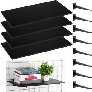 Barydat 4 Pack Gridwall Shelf with Metal Brackets 24 x 12 Inches Wooden Gridwall Shelves Organizer Heavy Duty Grid Wall Accessories for Home Garage Workbench Retail Display