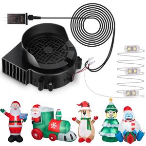 Air Blower Fan for Inflatables, 12V 0.8A Mini Airup Replacement Blower Fan with 1.0A Adapter and 3 LEDs Bulbs Light for Halloween and Christmas Inflatables (IP68 Waterproof, 4500RPM, 3.8*3.8'')