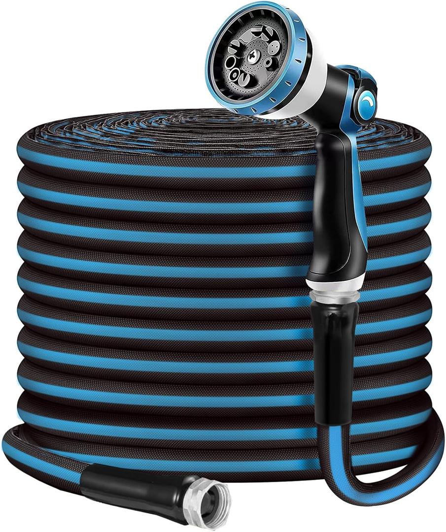 Non-Expandable Garden Hose 100feet, Flexible Water Hose with 10 Function Hose Nozzle, Lightweight, Tangle Free, Rust Proof for Yard (Black+Blue)
