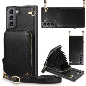 for Samsung Galaxy S21 Wallet Case with Card Holder [NOT for S21 Ultra] Zipper Leather Case with Lanyard Wallet Case Blocking Purse Cover for Samsung Galaxy S21 5G 6.2 inch Black
