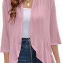 Yekaty Women Cardigan 3/4 Sleeves Open Front Lightweight Cardigan Draped Ruffles Knit Cardigan (Pink)