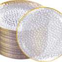 DaYammi 100 Pcs Gold Plastic Plates - 10 inch Clear Gold Dinner Plates Plastic Plates Disposable - Hammer Pattern Design - Fancy Disposable Plate - Heavy Duty Party Plate Ideal for Wedding