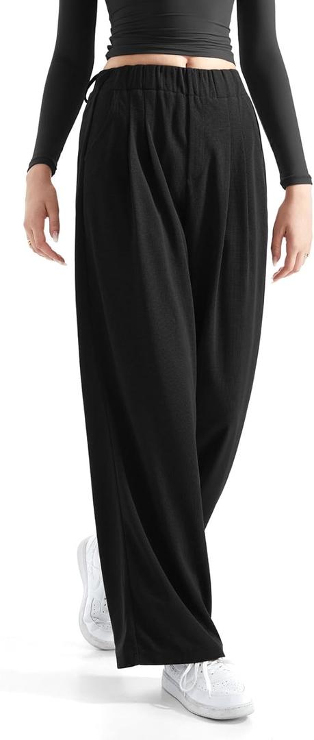 SUUKSESS Women Wide Leg Pants Elastic High Waisted Work Pants Flowy Palazzo Pants (Small, Black)
