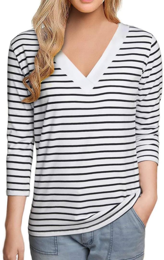 LilyCoco Womens V Neck Tops 3/4 Length Sleeve Spring Breton Striped Shirt White Small (White, S)