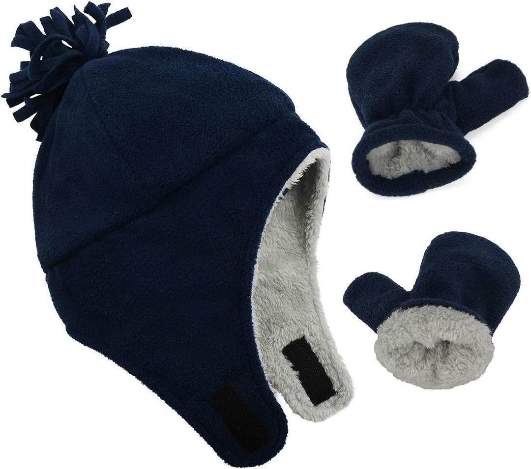 Zando Baby Winter Hat and Mitten Set Size 3M-7Y - Cute Fleece Sherpa Lined Warm Beanie for Toddler Kids Newborn Boys Girls (3-12 Months)