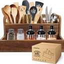 Kitchen Utensil Holder for Countertop with 4 Compartments Acacia Large Utensil Holder Wooden Storage for Cooking,Baking,Flatware Tool Kitchen Utensil Organizer