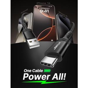 JSAUX USB C Cable [6.6ft], USB A to USB Cord Fast Charging for iPhone Air, iPhone 17, iPhone 17 Pro, iPhone 17 Pro Max, iPhone 16/iPhone 15 Series, Samsung S20 S10, Note 20 10,Car Play - Black