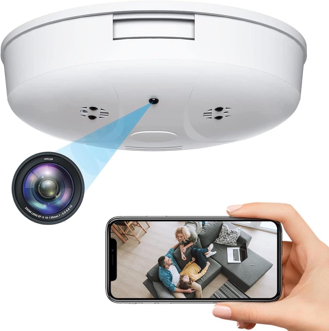 Security Camera Smoke Detector 1080P WiFi Indoor Cam Hidden Camera with Night Vision Motion Detection Real-Time Nanny Came for Home Office Safety