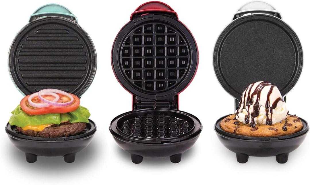 Dash Mini Maker Set - Customized Treat Maker - Supports Multi-Function Cooking - Easy Cleanup and User-Friendly Design - White, Aqua & Red - Waffle, Grill & Griddle Irons