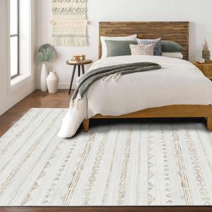 Deerly 5x7 Living Room Rug, Moroccan Boho Machine Washable Rugs 5x7 Area Rug with Non-Slip Backing, Soft Low Pile Indoor Floor Carpet Neutral Rug for Bedroom Dining Room, Light Brown