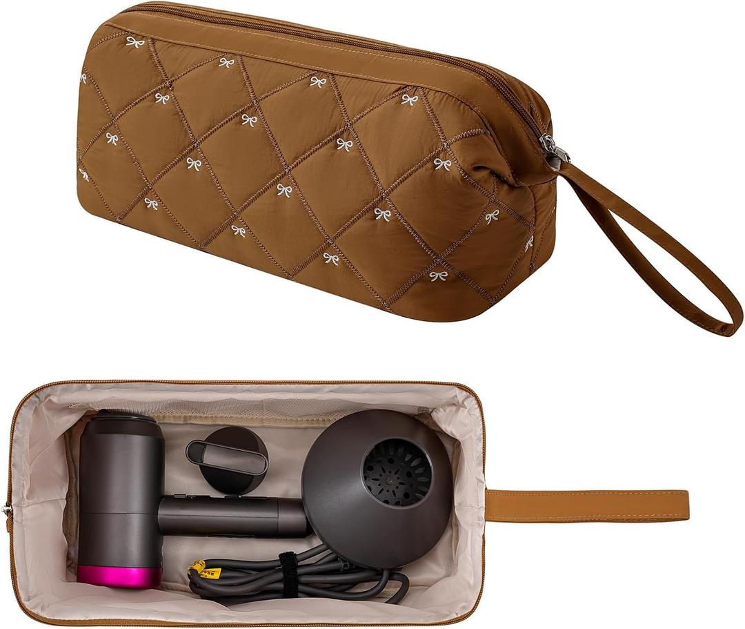 GISMTR Large Quilted Hair Tools Travel Bag for Hair Dryer Aesthetic Cute Dustproof Travel Organizer Flat Curling Iron Travel Organizer (Brown)
