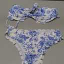SHENHE Women's 2 Piece Bandeau Bikini Sets Floral Print Scalloped Boho Strapless Swimsuits (Blue and White) S