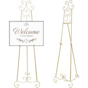 17 x 15 x 57 Inch Metal Scroll Easel Stand for Display Wedding Sign Poster Adjustable Portable Art Easels Poster Easel with Chain Support for Painting Coffee Shop Exhibition Canvas(Gold)