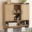 RUSTOWN Fluted Bathroom Wall Cabinet, Mid-Century Modern Medicine Cabinet with Adjustable Shelves & Towel Bar, 3-Tier Wall Mounted Cabinets, Over The Toilet Storage Cabinets for Bathroom, Natural Oak