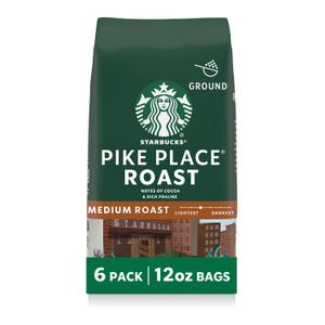 Starbucks Ground Coffee, Medium Roast Hot or Iced Coffee, Pike Place Roast, Six 12 oz Bags (EXP 11/09/26)