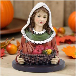 Thanksgiving Girl w Basket on Base  4.13" Resin Fall Harvest Bust Figurine  Autumn Tabletop Decoration for Home, Shelf, or Tiered Tray Display