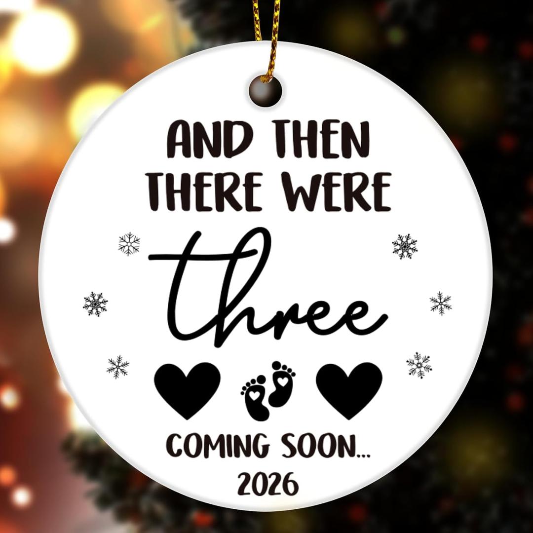 2 x Gifts for Expecting Parents, Expecting Baby Christmas Ceramic Ornaments, and Then There were Three Coming in 2026 Ornaments (Dark Black)