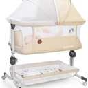 MOMFANN Baby Bassinet Bedside Sleeper, Upgraded Stability Bedside Crib with Full Mesh Sides, Soft Sheet, 6-Height Adjustment, Storage Basket, Easy Folding Portable Bassinet for Newborns, Oatmeal