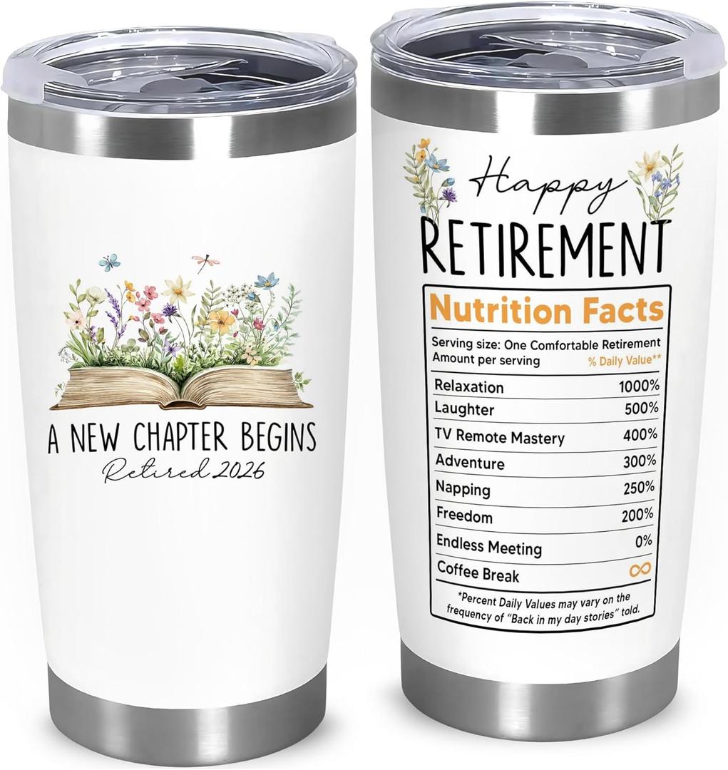 Retirement Gifts For Women 2026 - A New Chapter Begins Tumbler - Retired Gift For Boss Female, Happy Retirement with Nutrition Facts Gifts For Coworker Lady, Mothers Day Gift Chirstmas