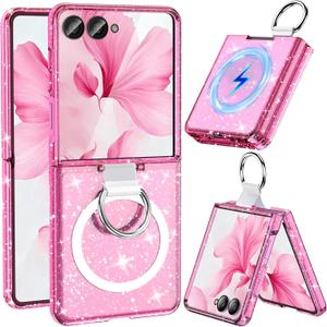 Halokin for Samsung Galaxy Z Flip 7 Case Magnetic, Z Flip7 with Ring, [Compatible with MagSafe] Military Drop Protection, Glitter Bling Sparkly Slim Fit Hard PC Rugged Case for ZFlip 7, Glitter Pink