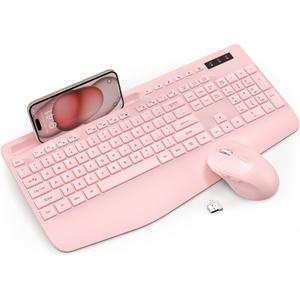 Wireless Keyboard and Mouse Combo - Full-Sized Ergonomic Keyboard with Wrist Rest, Phone Holder, Sleep Mode, Silent 2.4GHz Cordless Keyboard Mouse Combo for Computer, PC, Laptop, Mac, Windows -Trueque (1 PACK, Light pink)