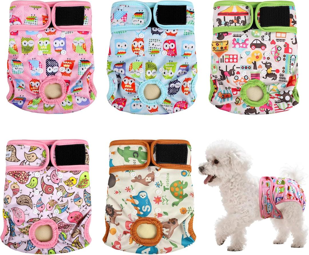 Dog Diapers Female 5pcs,Reusable Dog Doggie Puppy Doggy Diapers Female, Period Panties in Heat, Owl, Small