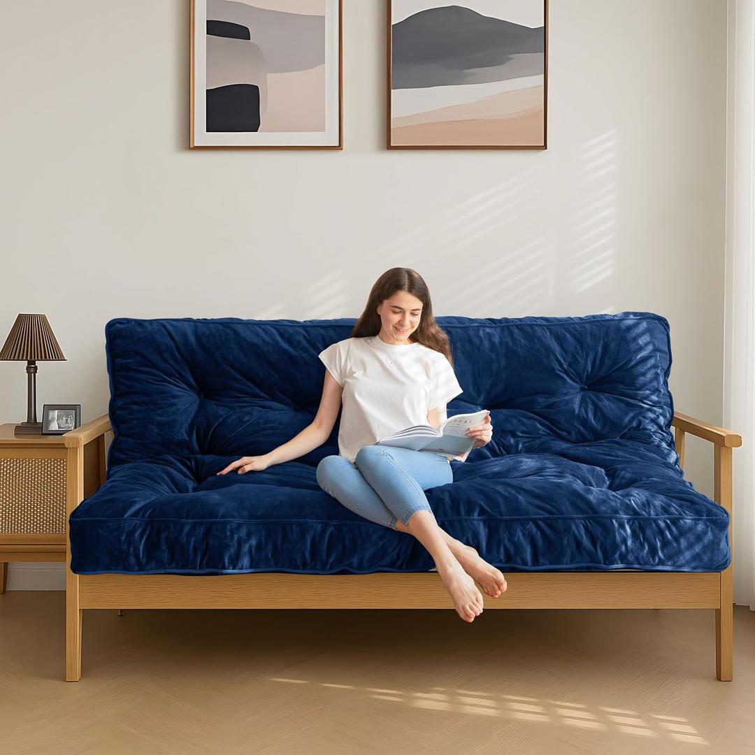 MAXYOYO 6" Futon Mattress Full Size, Velvet Thick Futons Sofa Couch, Versatile Floor Mattress for Adults, Shredded Foam Filling (Frame Not Included), Navy