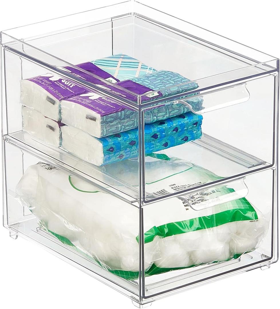 mDesign Stackable Storage Containers Box with 2 Pull-Out Drawers - Stacking Plastic Drawer Bins for Master or Guest Bathroom, Linen Closet, Vanity, or Makeup Table - Lumiere Collection -Clear (8 x 6 x 7 (Pack of 1))