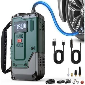 Cordless Tire Inflator Portable Air Compressor - 8000mAh & 12V DC Dual Power, 8X Faster, 150 PSI Air Pump for Car Tires, Bicycle, Motorcycle, Ball, with Pressure Gauge, LED Light, Auto Shut-Off