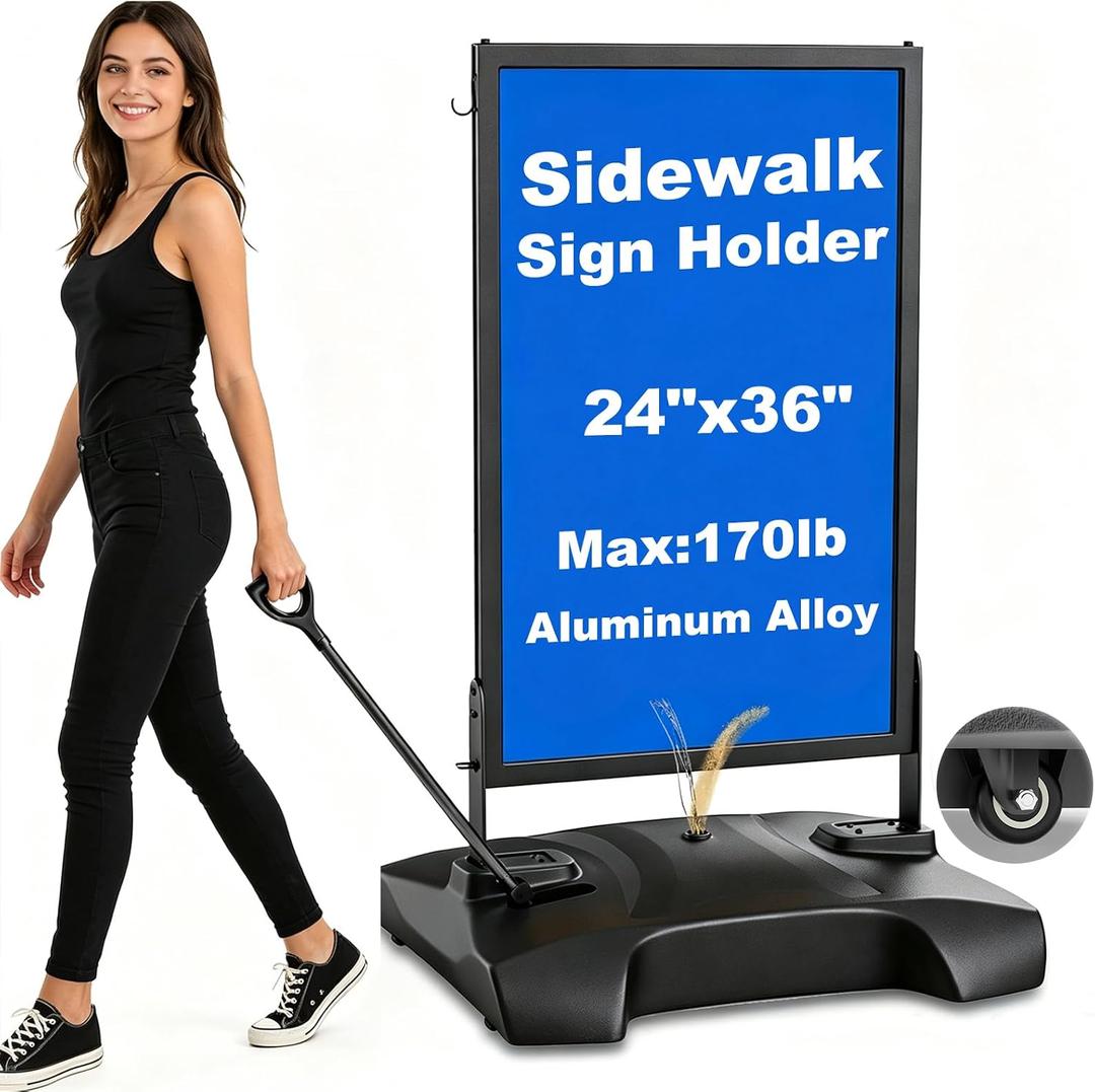 Wind Resistant Sign Holder Stand,Outdoor Sidewalk Sign Stand with 4 Wheels