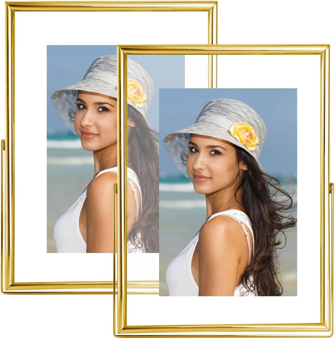 4x6 Floating Picture Frames Set of 2, Made of Metal and Double Real Glass, for Photo Size up to 6x8, Tabletop Display Home or Wedding Decoration (Vertical Gold)