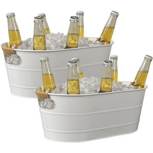 Ice Bucket Galvanized Tub, 2 Pcs 3 Gallon Oval Beverage Tub, Drink Cooler Ice Buckets for Parties, Metal Bucket with Rattan Handle for Beer Whiskey Wine and Cocktails (White) (S: 15.86 x 9.2 x 6 inch)