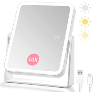 DESCHEN Rechargeable Travel Makeup Vanity Mirror with Lights and Magnification, Portable 10X/1X Magnifying Mirror with 360 Rotation LED Mirror (White)