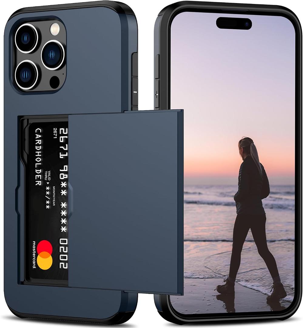 Nvollnoe Compatible with iPhone 15 Pro Max Case with Card Holder Heavy Duty Protective Dual Layer Shockproof Hidden Card Slot Slim Wallet Phone Cover for Women&Men 6.7 inch(Blue)