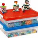 MACOPRO Toys Storage Organizer Box for Lego, Toy Box with Building Plate Lid and Removable Tray, Building Block Storage, Stackable Plastic Organizer Bins (Red+Blue-2Packs)