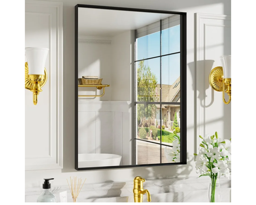 Black Vanity Wall Mirror, 22x 30 Inch Rectangular Bathroom Mirrors for Over Sink, Aluminum Metal Framed Mirror, Tempered Glass, Anti-Rust, Wall Farmhouse Mirrors (Horizontal/Vertical)