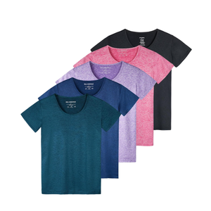 Real Essentials 5 Pack: Women's Dry Fit Tech Stretch Short-Sleeve Crew Neck Athletic T-Shirt XL(Blue, Black, Pink, Purple, Green)