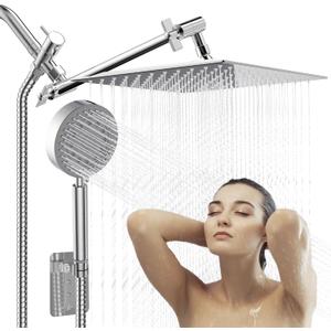 Shower Head with Handheld Combo 10" Chrome High Pressure Rain Shower Head 11" Adjustable Extension Arm and 5 Settings Adjustable SUS 304 Handheld Showers with 59" Hose, 2-in-1 Shower Holder