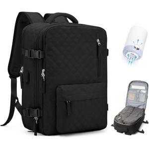 Vacuum Travel Backpack with Pump for Women, Personal Item Carry on Backpacks Flight Approved 18x14x8 inches for Men,Laptop Waterproof Work Compression bags Casual Daypack Black.