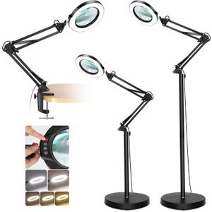 8X Magnifying Glass with Light and Stand, Krstlv LED 5 Color Modes, Stepless Dimmable Magnifying Floor Lamp, 3-in-1 Adjustable Swing Arm Lighted Magnifier Lamp with Clamp for Reading, Craft, Esthetic (Black)